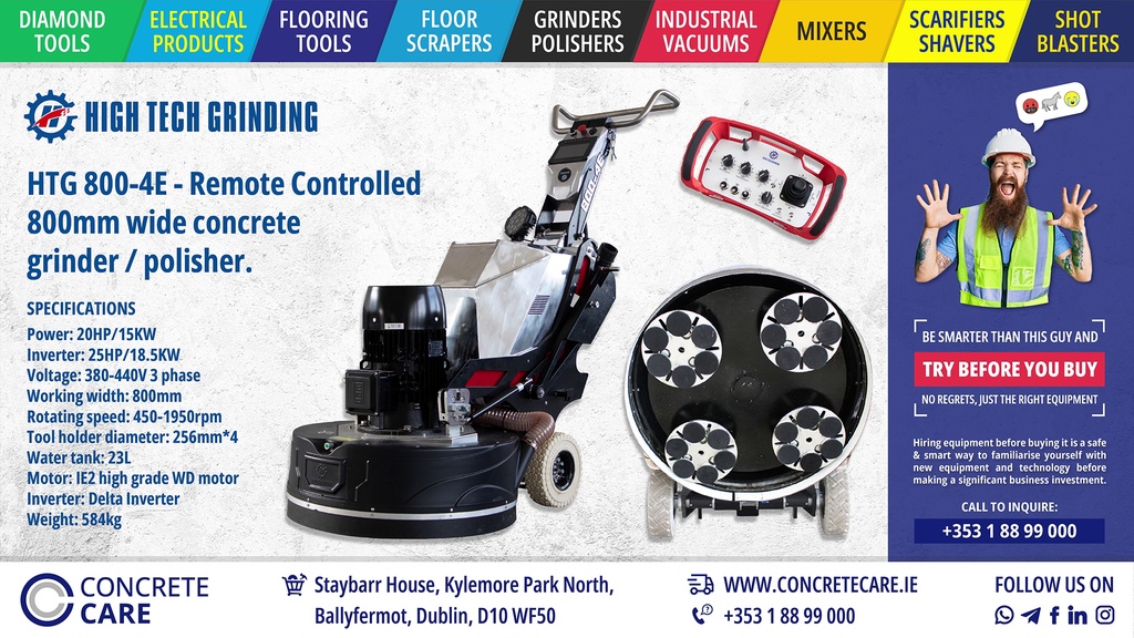 HTG 800-4E Three Phase 4 Head Planetary Floor Grinder/Polisher with Remote Control