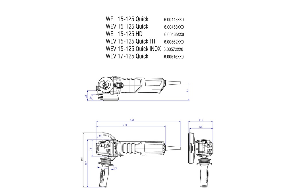 Metabo WE 15-125 Quick 110V, 1,550 W, 5" Angle Grinder with Soft start and
restart protection