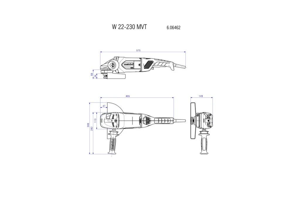 Metabo W 22-230 MVT 110V, 2,200 W 9" Low Vibration Angle Grinder with Rotating Back Handle and Deadmans switch