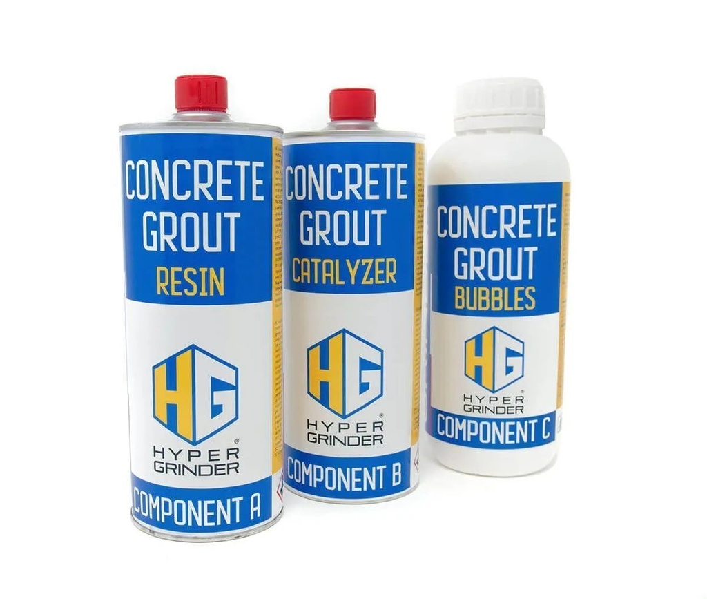 Concrete Grout and Crack Repair kit: resin, hardener and filler bubbles